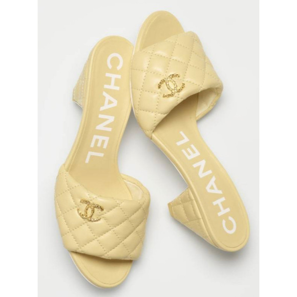 Chanel 22P Yellow Lambskin Quilted CC Gold Logo Cone Heel Mule Slide Sandal 41.5 - Picture 5 of 11